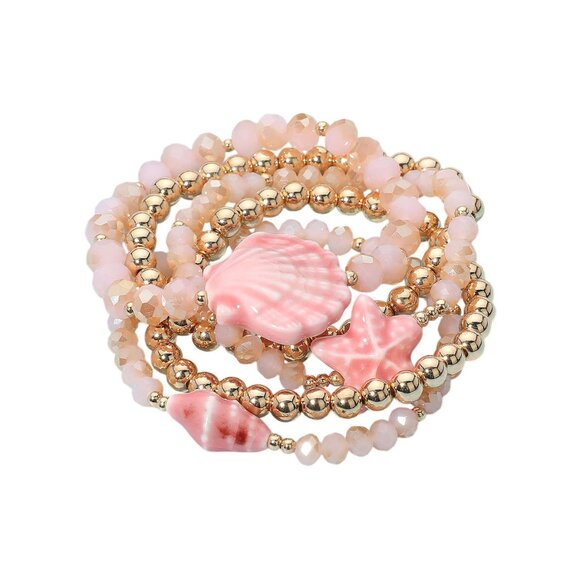 Tigerstars Set Of Five Pink Starfish Shell Beaded Stretch Layered Bracelets - Picture 1 of 2